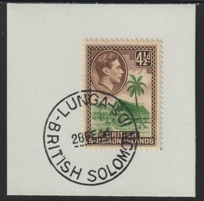 Solomon Islands 1939 KG6 Pictorial 4.5d on piece cancelled with full strike of Madame Joseph forged postmark type 97, stamps on , stamps on  kg6 , stamps on forgeries