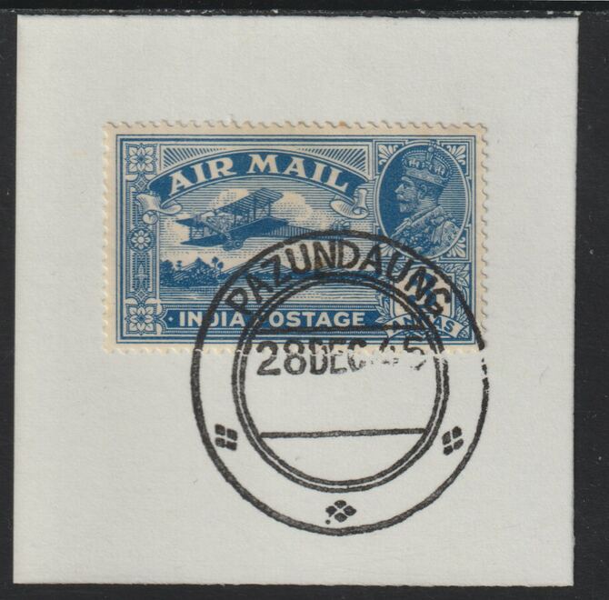 India Used in Burma 1929 Air 3a blue on piece with full strike of Madame Joseph forged postmark type 106, stamps on , stamps on  stamps on , stamps on  stamps on  kg5 , stamps on  stamps on forgery, stamps on  stamps on aviation