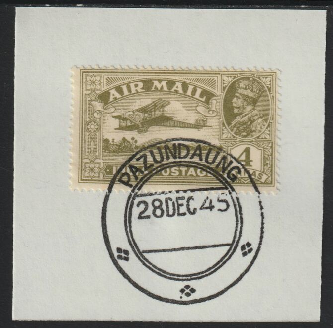 India Used in Burma 1929 Air 4a olive-green on piece with full strike of Madame Joseph forged postmark type 106, stamps on , stamps on  kg5 , stamps on forgery, stamps on aviation