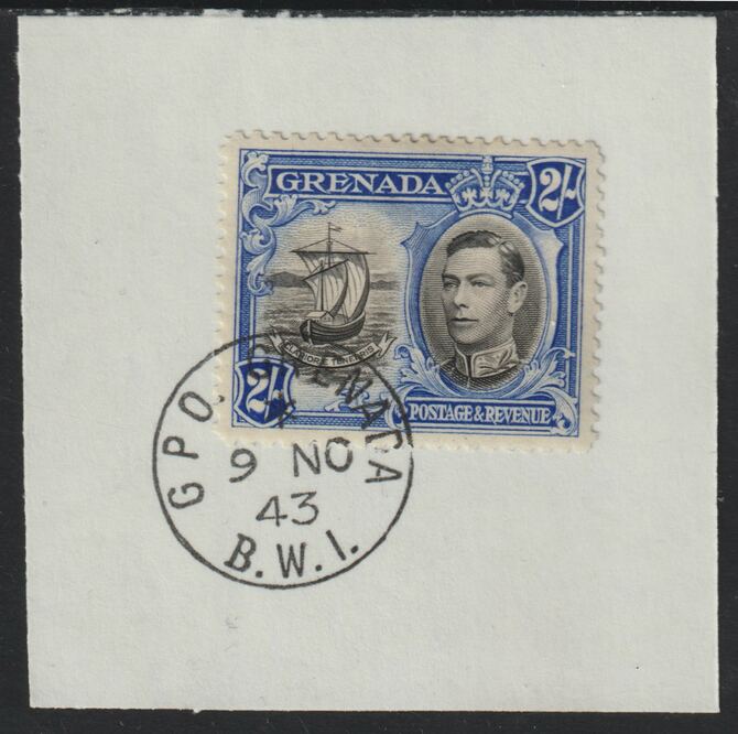 Grenada 1938 KG6 2s black & ultramarine on piece cancelled with full strike of Madame Joseph forged postmark type 209, stamps on , stamps on  kg6 , stamps on forgeries