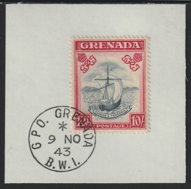 Grenada 1938 KG6 10s steel blue & carmine on piece cancelled with full strike of Madame Joseph forged postmark type 209, stamps on , stamps on  kg6 , stamps on forgeries