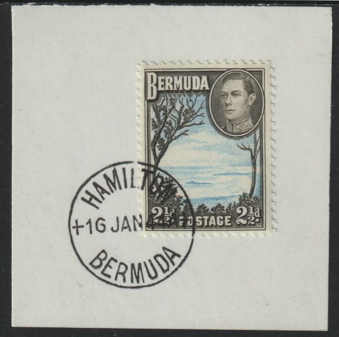 Bermuda 1938 KG6 2.5d light blue & sepia-black on piece cancelled with full strike of Madame Joseph forged postmark type 64, stamps on , stamps on  kg6 , stamps on forgeries
