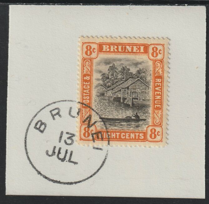 Brunei 1907 River Scene 8c grey-black & orange (SG28) on piece with full strike of Madame Joseph forged postmark type 104, stamps on rivers