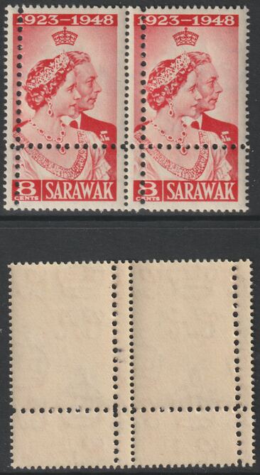 Sarawak 1948 KG6 Royal Silver Wedding 8c horizontal pair with perforations doubled unmounted mint but some foxing. Note: the stamps are genuine but the additional perfs are a slightly different gauge identifying it to be a forgery., stamps on , stamps on  stamps on , stamps on  stamps on  kg6 , stamps on  stamps on forgeries