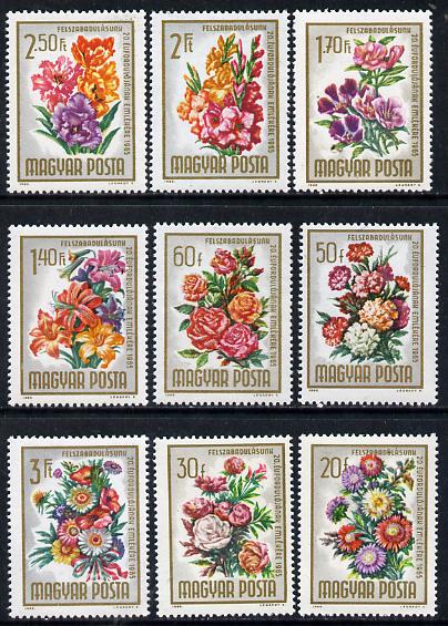 Hungary 1965 Liberation (Flowers) perf set of 9 unmounted mint, Mi 2111-19*, stamps on flowers, stamps on roses  