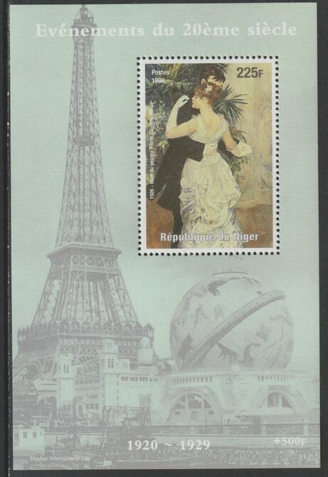 Niger Republic 1998 Events of the 20th Century 1920-1929 Death of Pierre Auguste Renoir (artist) perf souvenir sheet unmounted mint. Note this item is privately produced ..., stamps on millennium, stamps on eiffel tower, stamps on personalities, stamps on arts, stamps on renoir