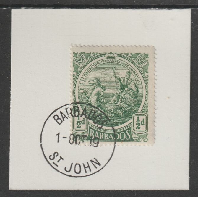 Barbados 1916-19 Large Britannia 1/2d green on piece with full strike of Madame Joseph forged postmark type 45, stamps on , stamps on  kg5 , stamps on forgery, stamps on madame joseph