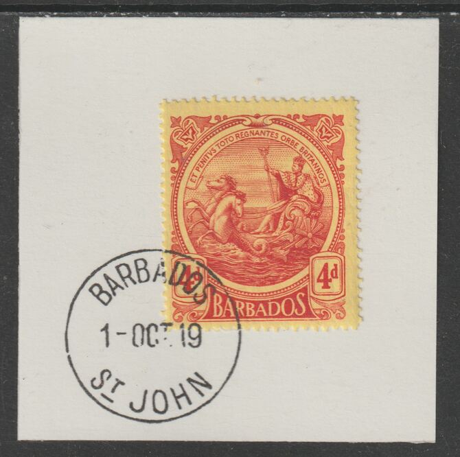 Barbados 1916-19 Large Britannia 4d red on yellow on piece with full strike of Madame Joseph forged postmark type 45, stamps on , stamps on  kg5 , stamps on forgery, stamps on madame joseph