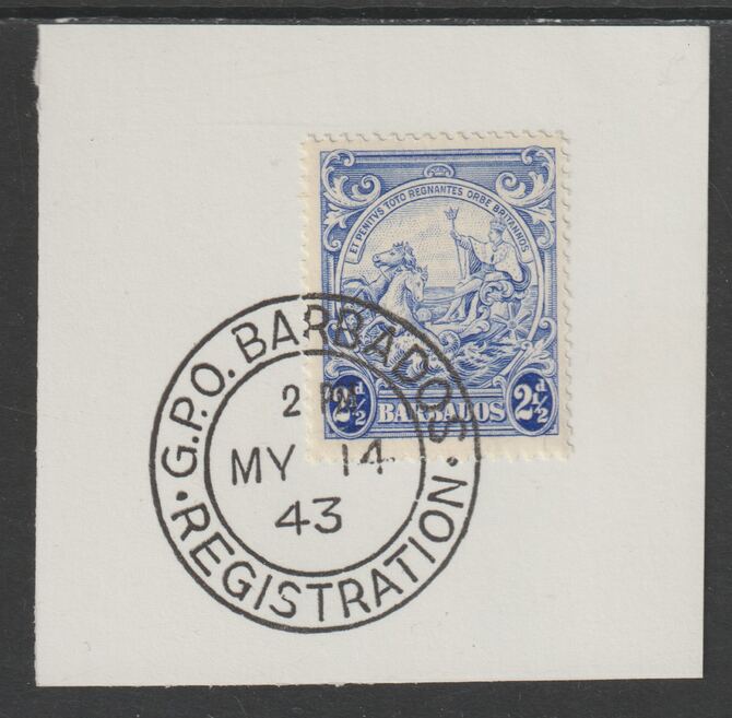 Barbados 1938 KG6 Britannia 2.5d ultramarine on piece with full strike of Madame Joseph forged postmark type 47, stamps on , stamps on  kg6 , stamps on forgery, stamps on madame joseph
