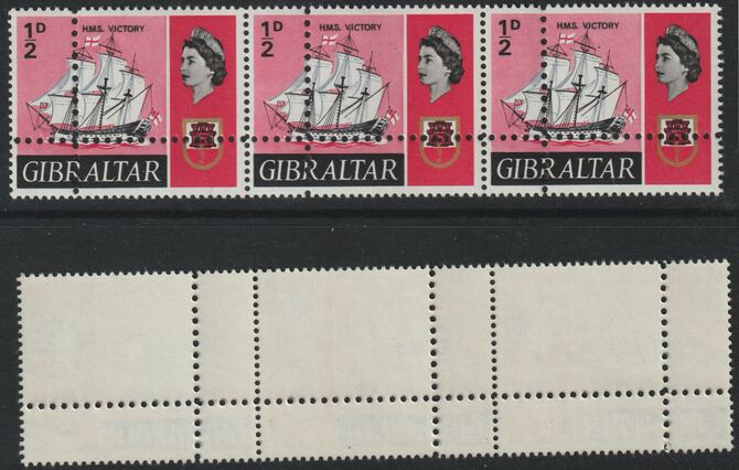 Gibraltar 1967 HMS Victory 1/2d horiz strip of 3 with perforations doubled (stamps are quartered), unmounted mint. Note: the stamps are genuine but the additional perfs are a slightly different gauge identifying it to be a forgery., stamps on , stamps on  stamps on ships, stamps on  stamps on victory, stamps on  stamps on nelson, stamps on  stamps on forgery