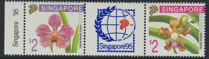 Singapore 1995 Stamp Exhibition - Orchids #5 se-tenant strip of three (2 stamps and one label) unmounted mint as SG 795-96 , stamps on orchids, stamps on stamp exhibitions