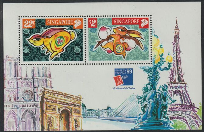 Singapore 1999 International Stamp Exhibition Paris (Year of the Rabbit) perf m/sheet unmounted mint, SG MS 998, stamps on lunar, stamps on rabbits, stamps on stamp exhibitions, stamps on eiffel tower