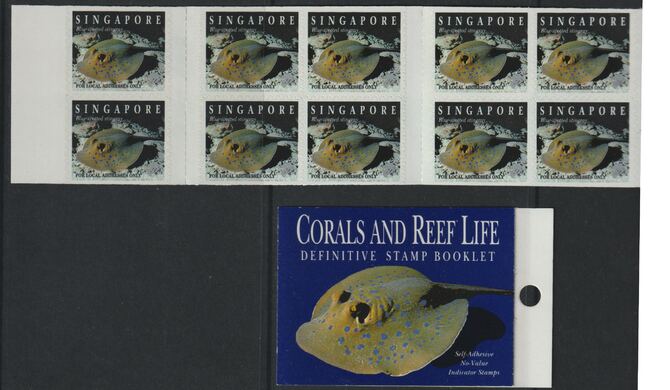 Singapore 1994 Corals & Reef Life self-adhesive booklet containing pane of 10 complete, SG SB19, stamps on self adhesive, stamps on self-adhesive, stamps on marine life, stamps on fish