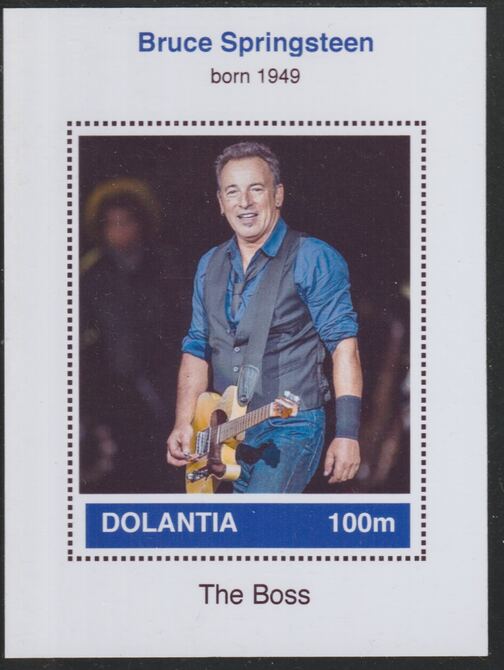 Dolantia (Fantasy) Bruce Springsteen imperf deluxe sheetlet on glossy card (75 x 103 mm) unmounted mint, stamps on , stamps on  stamps on personalities, stamps on  stamps on music, stamps on  stamps on rock, stamps on  stamps on pops, stamps on  stamps on springsteen