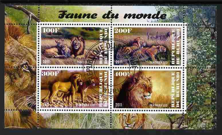 Burundi 2011 Fauna of the World - Lions perf sheetlet containing 4 values fine cto used, stamps on animals, stamps on cats, stamps on lions