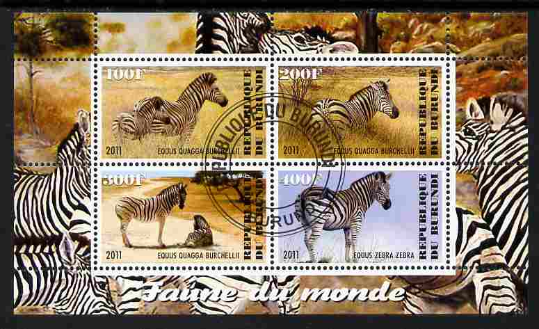 Burundi 2011 Fauna of the World - Zebra perf sheetlet containing 4 values fine cto used, stamps on animals, stamps on zebra, stamps on zebras