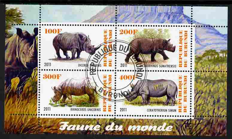 Burundi 2011 Fauna of the World - Rhinoceros perf sheetlet containing 4 values fine cto used, stamps on animals, stamps on rhinos, stamps on rhinoceros