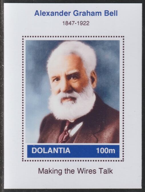 Dolantia (Fantasy) Alexander Graham Bell imperf deluxe sheetlet on glossy card (75 x 103 mm) unmounted mint, stamps on , stamps on  stamps on personalities, stamps on  stamps on science, stamps on  stamps on technology, stamps on  stamps on bell, stamps on  stamps on telephones, stamps on  stamps on 