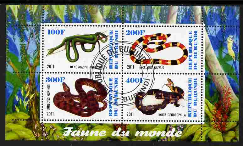 Burundi 2011 Fauna of the World - Reptiles - Snakes #3 perf sheetlet containing 4 values fine cto used, stamps on animals, stamps on reptiles, stamps on snakes