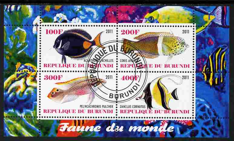 Burundi 2011 Fauna of the World - Fish #3 perf sheetlet containing 4 values fine cto used, stamps on animals, stamps on fish, stamps on sharks