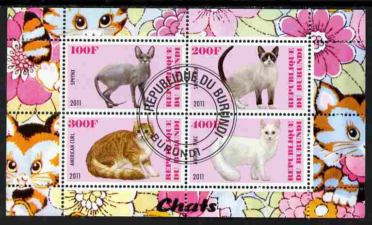 Burundi 2011 Domestic Cats #1 - pink background perf sheetlet containing 4 values fine cto used, stamps on animals, stamps on cats