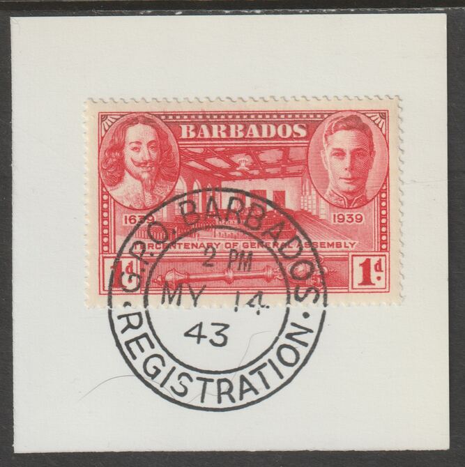 Barbados 1939 KG6 Tercentenary 1d scarlet on piece with full strike of Madame Joseph forged postmark type 47, stamps on , stamps on  kg6 , stamps on forgery, stamps on madame joseph
