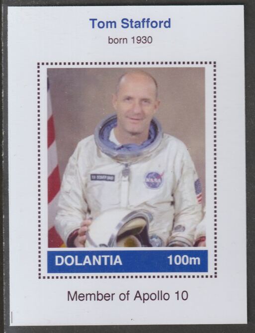 Dolantia (Fantasy) Tom Stafford imperf deluxe sheetlet on glossy card (75 x 103 mm) unmounted mint, stamps on , stamps on  stamps on personalities, stamps on  stamps on space, stamps on  stamps on astronauts