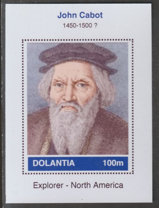 Dolantia (Fantasy) John Cabot imperf deluxe sheetlet on glossy card (75 x 103 mm) unmounted mint, stamps on , stamps on  stamps on personalities, stamps on  stamps on explorers, stamps on  stamps on americana