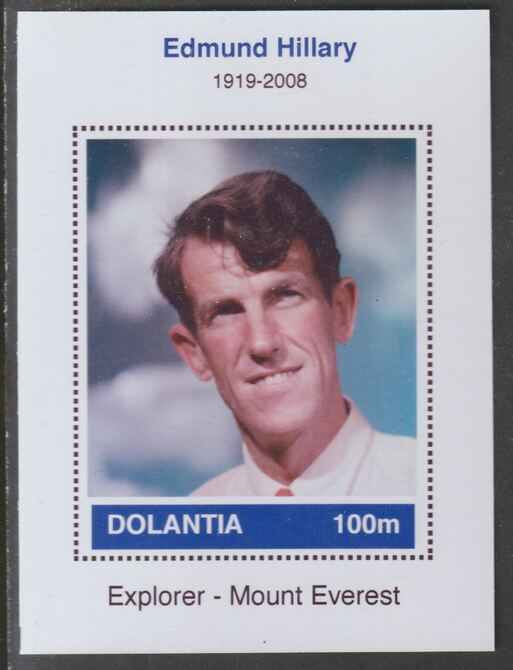 Dolantia (Fantasy) Edmund Hillary imperf deluxe sheetlet on glossy card (75 x 103 mm) unmounted mint, stamps on personalities, stamps on explorers, stamps on mountaineers