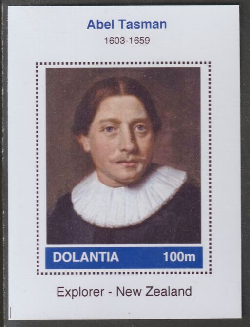 Dolantia (Fantasy) Abel Tasman imperf deluxe sheetlet on glossy card (75 x 103 mm) unmounted mint, stamps on personalities, stamps on explorers