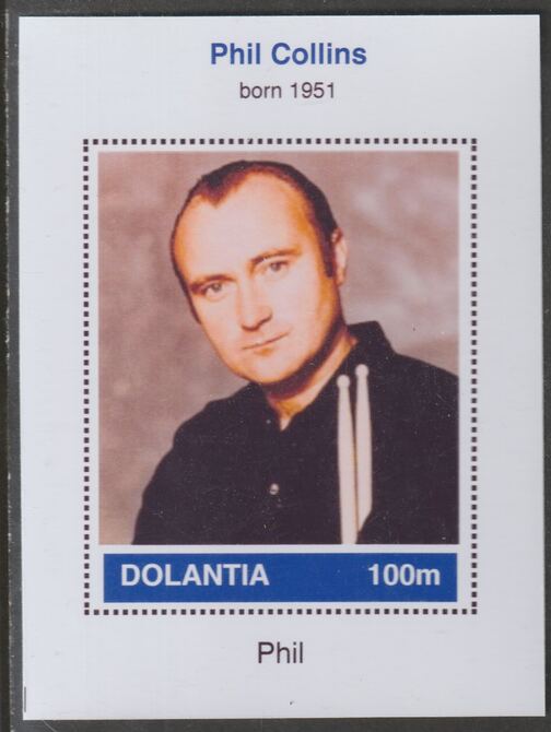 Dolantia (Fantasy) Phil Collins imperf deluxe sheetlet on glossy card (75 x 103 mm) unmounted mint, stamps on personalities, stamps on music, stamps on pops, stamps on collins, stamps on rock
