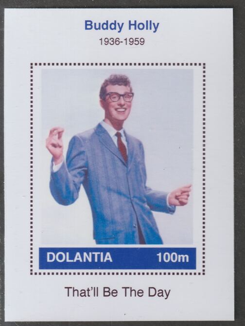 Dolantia (Fantasy) Buddy Holly imperf deluxe sheetlet on glossy card (75 x 103 mm) unmounted mint, stamps on personalities, stamps on music, stamps on pops, stamps on rock