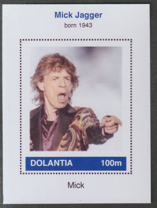 Dolantia (Fantasy) Mick Jagger imperf deluxe sheetlet on glossy card (75 x 103 mm) unmounted mint, stamps on personalities, stamps on music, stamps on pops, stamps on rock, stamps on stones