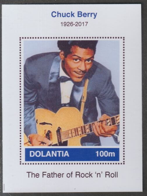 Dolantia (Fantasy) Chuck Berry imperf deluxe sheetlet on glossy card (75 x 103 mm) unmounted mint, stamps on personalities, stamps on music, stamps on pops, stamps on rock, stamps on 