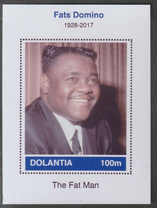 Dolantia (Fantasy) Fats Domino imperf deluxe sheetlet on glossy card (75 x 103 mm) unmounted mint, stamps on personalities, stamps on music, stamps on pops, stamps on rock, stamps on 