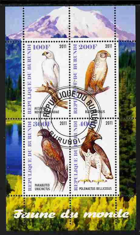 Burundi 2011 Fauna of the World - Birds of Prey perf sheetlet containing 4 values fine cto used, stamps on birds, stamps on birds of prey