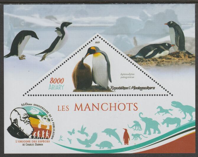 Madagascar 2019 Darwin 160th Anniversary of Publication of The Origin of Species - Penguins #3 perf deluxe sheet containing one triangular value unmounted mint, stamps on triangular, stamps on shaped, stamps on darwin, stamps on birds, stamps on penguins