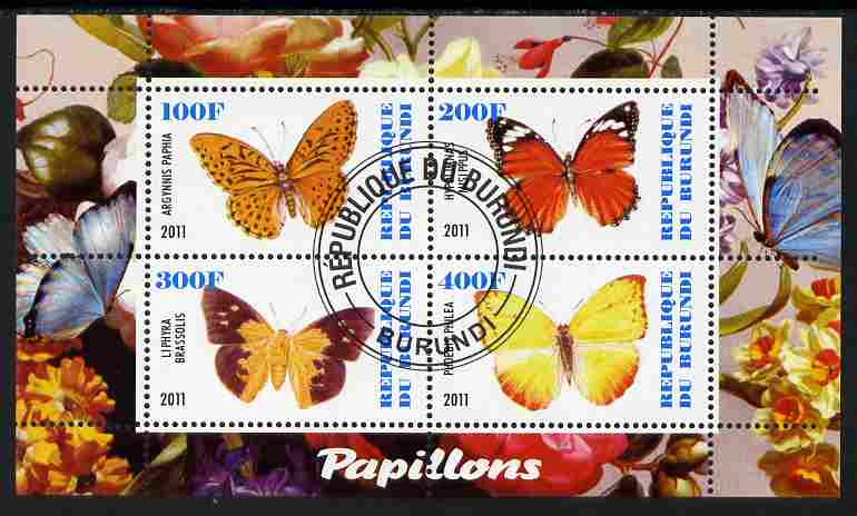 Burundi 2011 Fauna of the World - Butterflies #3 perf sheetlet containing 4 values fine cto used, stamps on butterflies