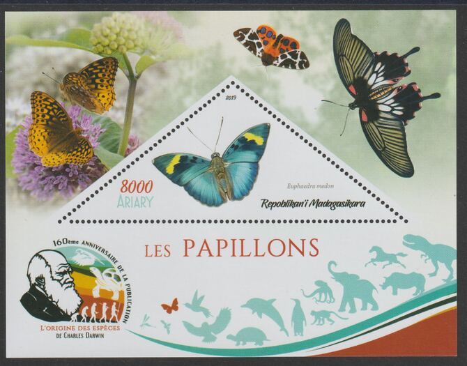 Madagascar 2019 Darwin 160th Anniversary of Publication of The Origin of Species - Butterflies #1 perf deluxe sheet containing one triangular value unmounted mint, stamps on , stamps on  stamps on triangular, stamps on  stamps on shaped, stamps on  stamps on darwin, stamps on  stamps on insects, stamps on  stamps on butterflies