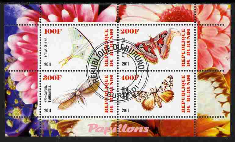 Burundi 2011 Fauna of the World - Butterflies #4 perf sheetlet containing 4 values fine cto used, stamps on butterflies