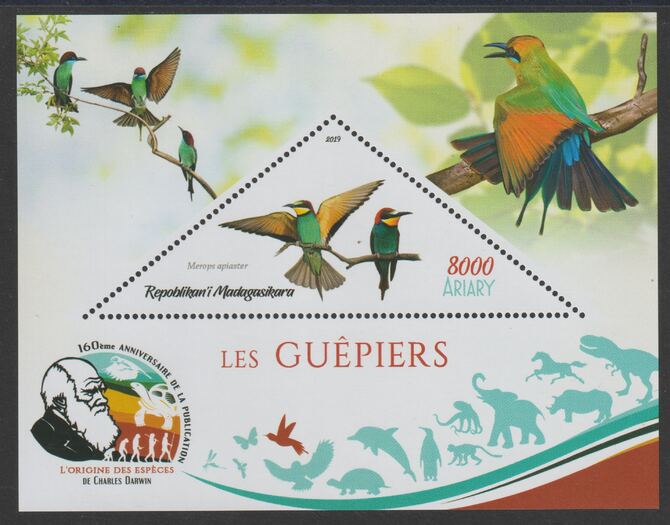 Madagascar 2019 Darwin 160th Anniversary of Publication of The Origin of Species - Bee Eaters #1 perf deluxe sheet containing one triangular value unmounted mint, stamps on , stamps on  stamps on triangular, stamps on  stamps on shaped, stamps on  stamps on darwin, stamps on  stamps on birds, stamps on  stamps on bee eaters