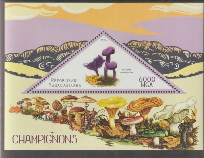 Madagascar 2015 Mushrooms #2 perf deluxe sheet containing one triangular value unmounted mint, stamps on triangular, stamps on shaped, stamps on fungi