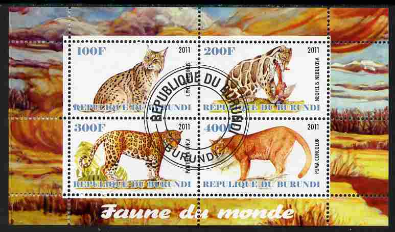 Burundi 2011 Fauna of the World - Wild Cats #3 perf sheetlet containing 4 values fine cto used, stamps on animals, stamps on cats