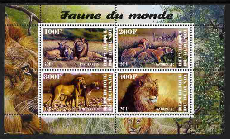 Burundi 2011 Fauna of the World - Lions perf sheetlet containing 4 values unmounted mint, stamps on animals, stamps on cats, stamps on lions