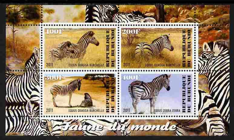 Burundi 2011 Fauna of the World - Zebra perf sheetlet containing 4 values unmounted mint, stamps on , stamps on  stamps on animals, stamps on  stamps on zebra, stamps on  stamps on zebras