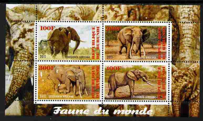 Burundi 2011 Fauna of the World - Elephants perf sheetlet containing 4 values unmounted mint, stamps on animals, stamps on elephants