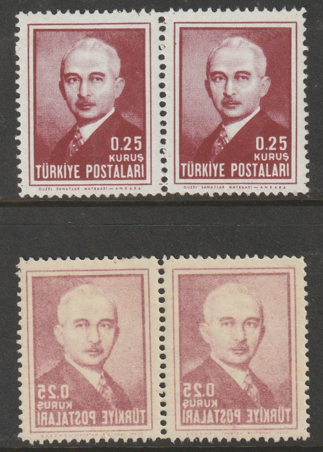 Turkey 1946 Ataturk 0.25k def unmounted mint horiz pair with superb total off-set on reverse, SG 1347, stamps on personalities, stamps on ataturk