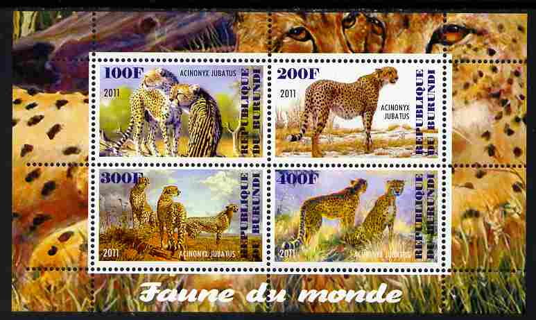 Burundi 2011 Fauna of the World - Cheetahs perf sheetlet containing 4 values unmounted mint, stamps on animals, stamps on cats, stamps on cheetahs