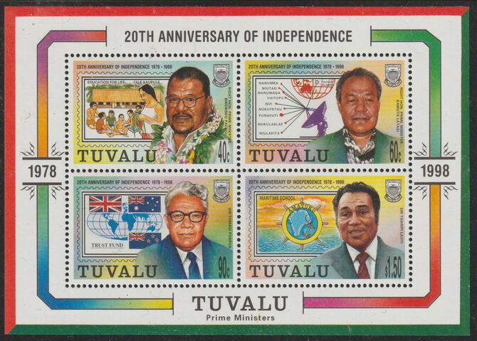 Tuvalu 1998 20th Anniv of Independence perf m/sheet unmounted mint, SG MS821, stamps on , stamps on  stamps on constitutions, stamps on  stamps on flags