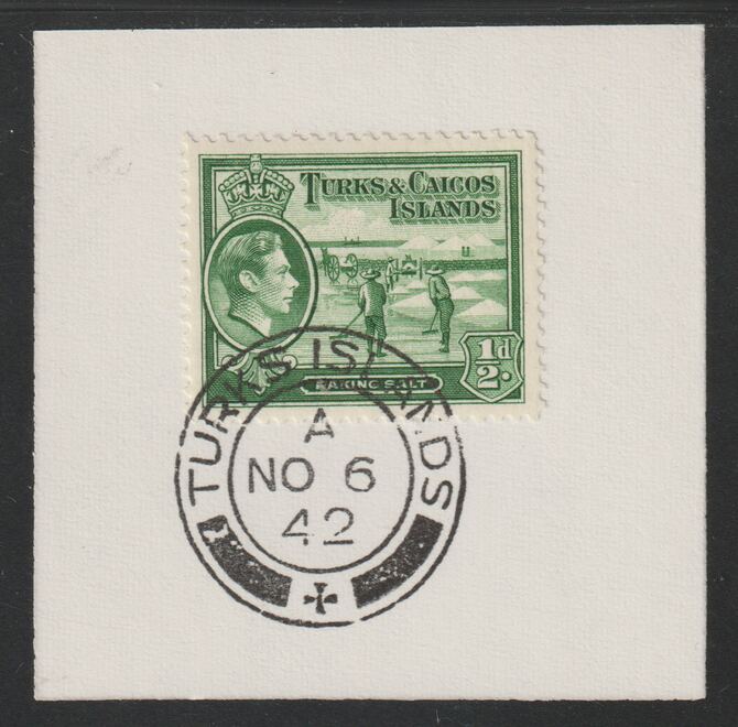 Turks & Caicos Islands 1938 KG6 Raking Salt 1/2d green  SG 195 on piece with full strike of Madame Joseph forged postmark type 427, stamps on salt, stamps on herbs, stamps on spices, stamps on food, stamps on , stamps on  kg6 , stamps on , stamps on minerals